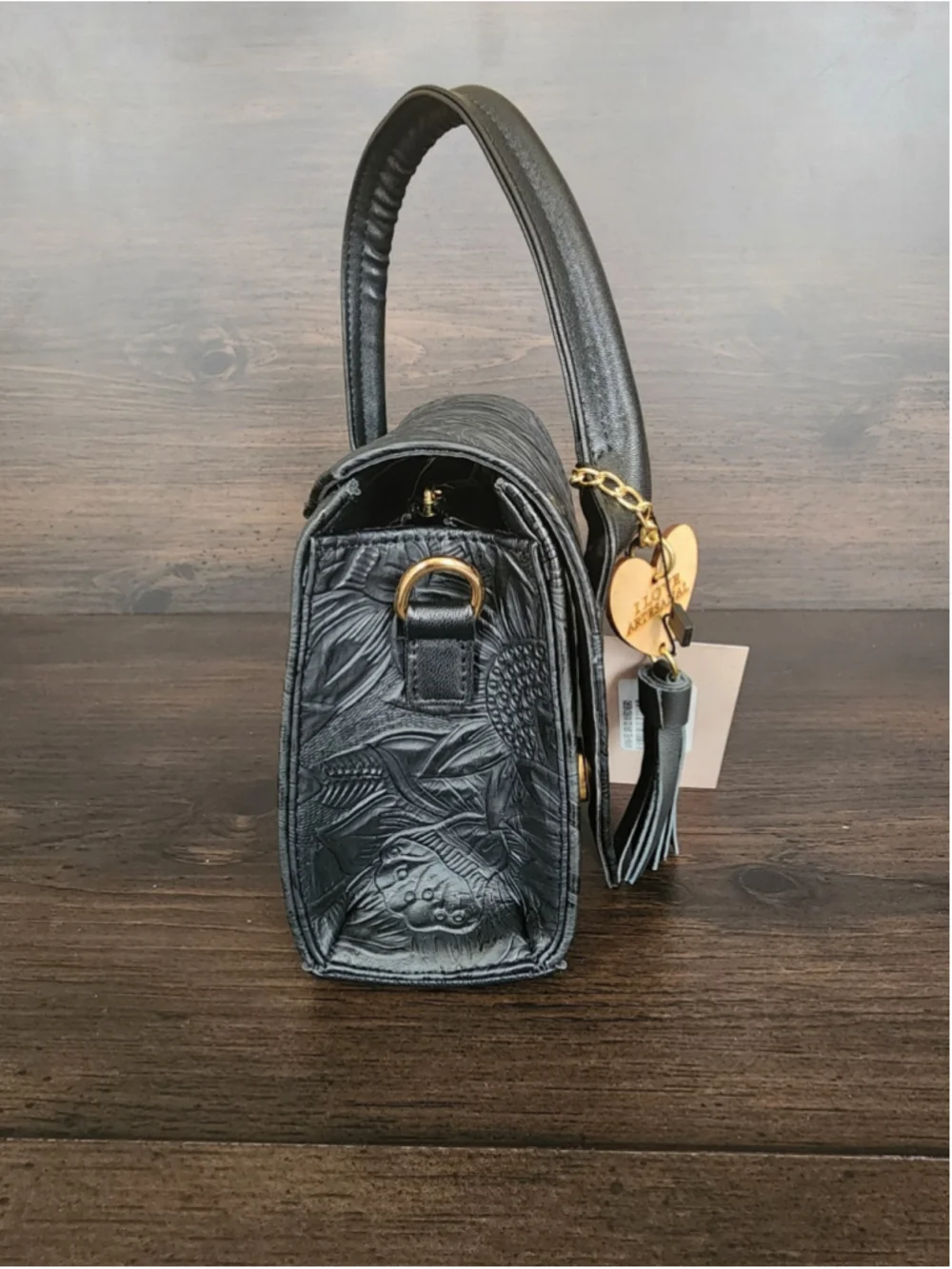 Black Sunflower Embossed Tooled Artisan LEATHER Crossbody Bag Purse Handbag